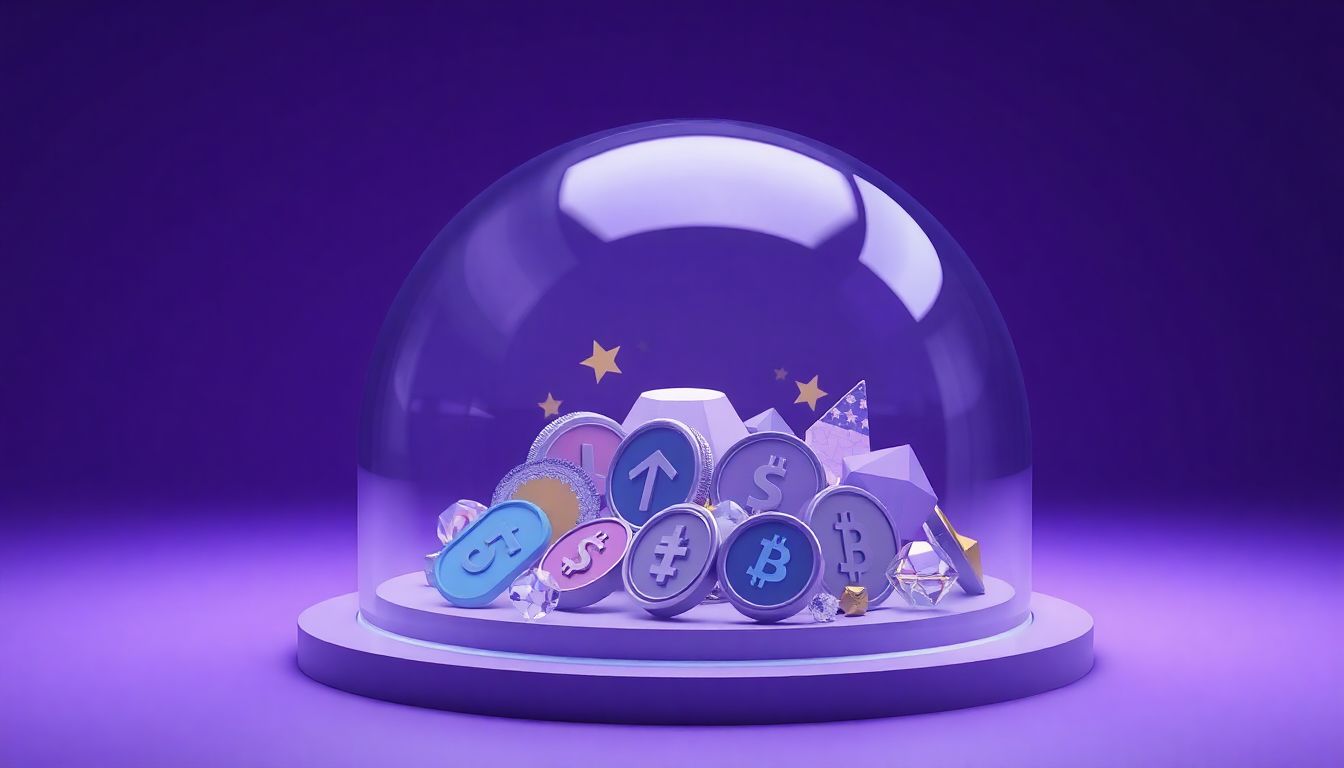 [디파이 뱅크런 대피] 투자 성향별 최적화된 리스크 분산 투자와 하락장 속 수익률 보전 전략 - 반투명 돔 아래 보호받는 자산 아이콘들