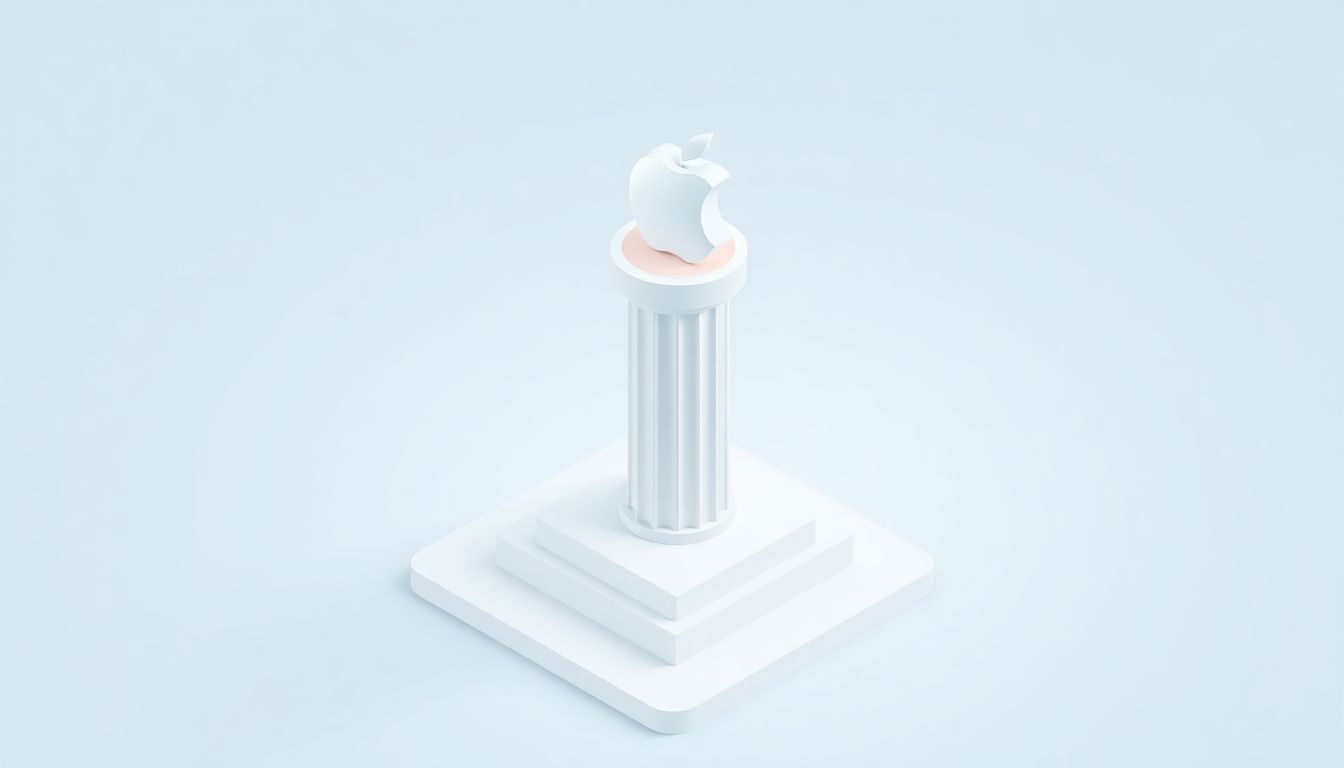 [2026 애플 주가 전망] 리더십 교체에 따른 기업 가치 평가 모델의 구조적 변화 - 공중에 떠 있는 상징적인 기둥과 사과 실루엣