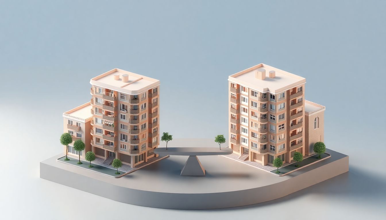 [2026 장기보유특별공제] 실거주자와 갭투자자의 거주 기간 충족 여부에 따른 상황별 맞춤 매도 시기 결정 - 저울 위에 놓인 서로 다른 형태의 주택