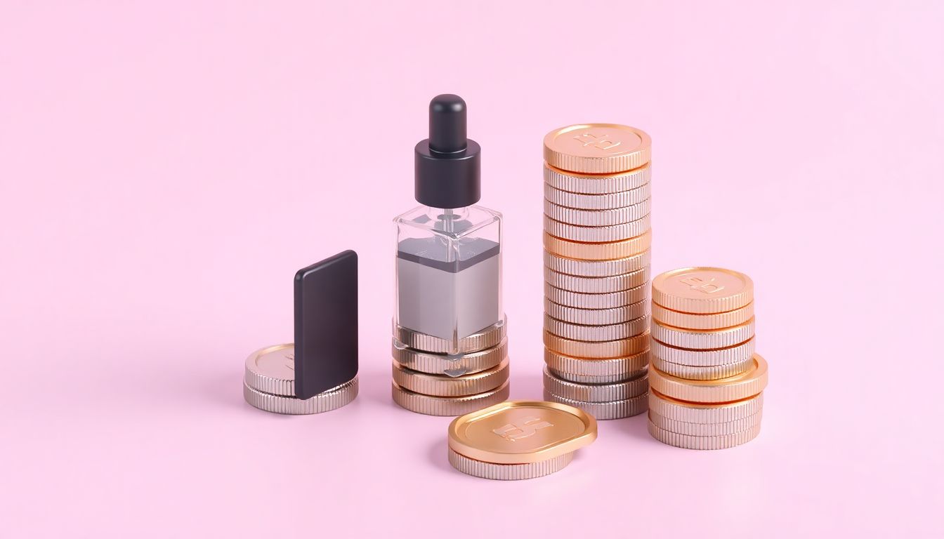 [2026 액상전자담배규제] 세금 인상으로 인한 액상 가격의 급격한 상승폭과 가계 경제 부담 - 액상 병과 동전 더미의 배치