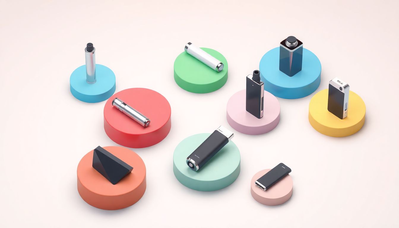 [2026 액상전자담배규제] 개인별 흡연 패턴에 최적화된 맞춤형 대체 솔루션 제안 - 다양한 플랫폼 위에 배치된 기기들