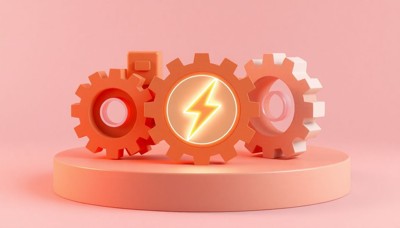 [AI 실전 활용 가이드] 최소 비용으로 최대 효율을 내는 업무 자동화 도구 세팅 - 입체적인 톱니바퀴와 에너지 심볼의 조화