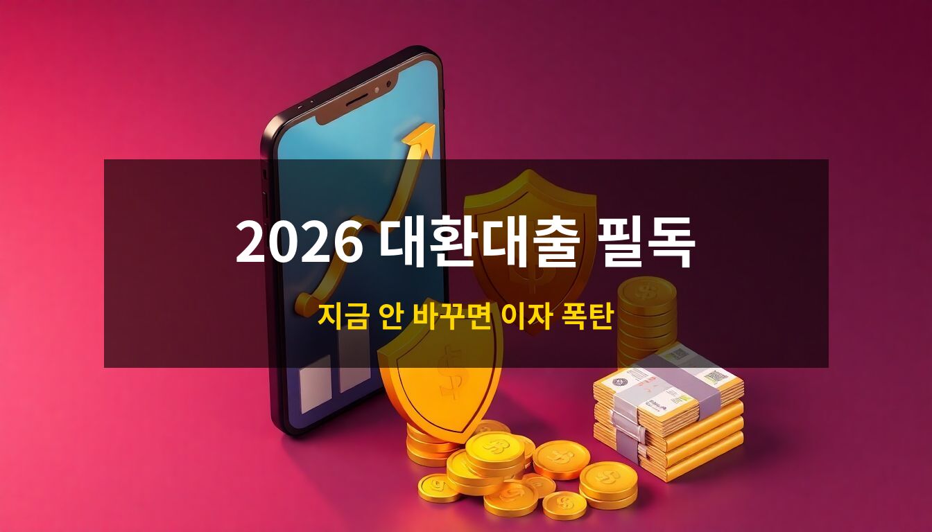 2026 대환대출 전략: 황금색 방패와 지폐 더미가 놓인 스마트폰 화면을 통해 이자 절감과 자산 보호의 가치를 형상화한 고급 3D 아이소메트릭 일러스트
