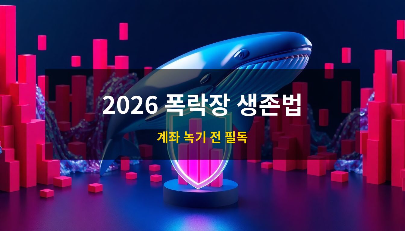 2026 가상자산 폭락장 생존전략: 쏟아지는 붉은색 하락 차트와 그 사이를 가로지르는 거대한 고래, 그리고 자산을 보호하는 푸른색 방패를 입체적으로 표현한 3D 아이소메트릭 일러스트