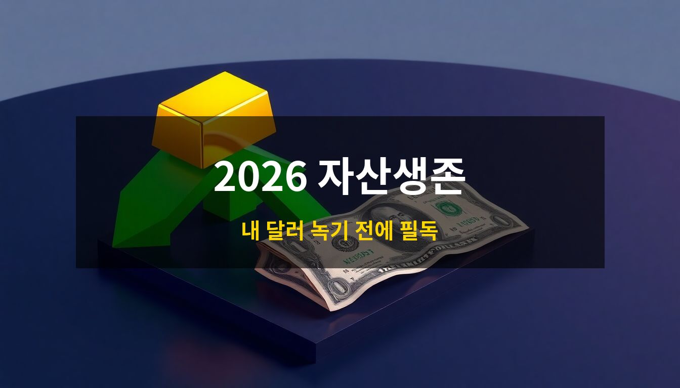 2026탈달러화자산방어: 하락하는 달러 가치와 대비되어 가파르게 상승하는 금 시세 및 금괴를 상징적으로 묘사한 경제 매거진 스타일의 3D 아이소메트릭 일러스트