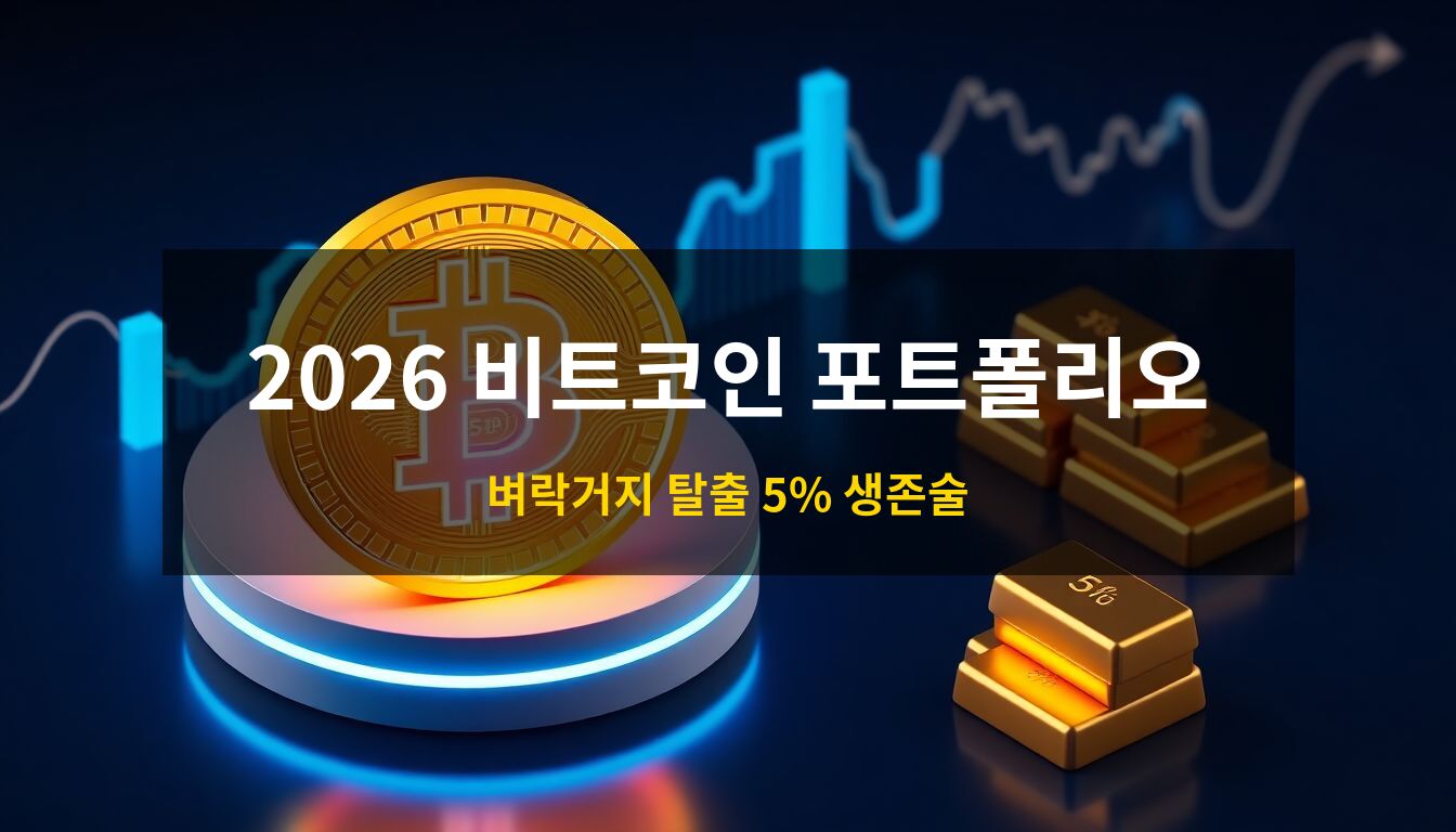 2026 비트코인 포트폴리오: 황금빛 비트코인 심볼과 5% 비중이 강조된 입체적인 디지털 자산 배분 차트가 미래지향적인 네이비 배경 위에 배치된 고품격 3D 일러스트