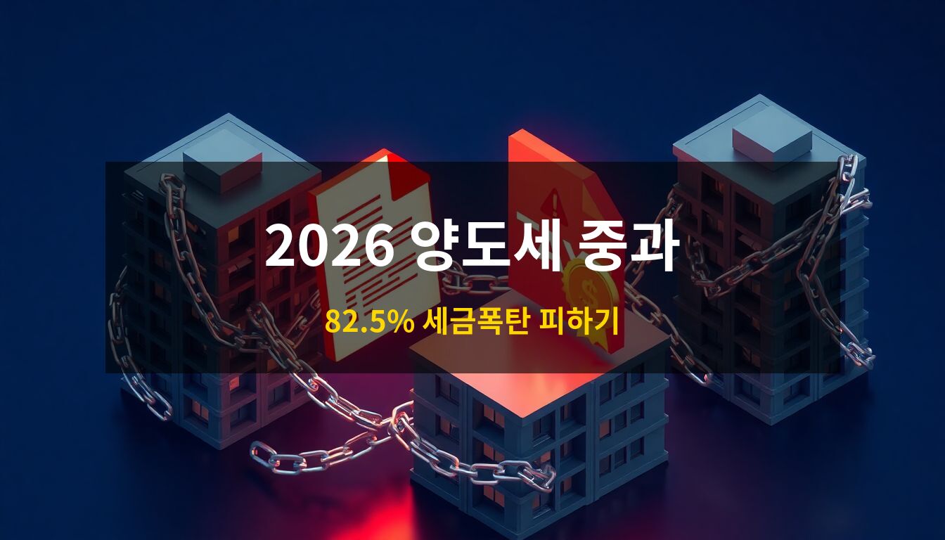 2026 양도세 중과: 쇠사슬에 묶인 현대적인 아파트 건물들과 강렬한 레드 컬러의 세금 고지서 오브젝트를 통해 다주택자의 세금 중과세와 부동산 매물 잠김 현상을 상징적으로 묘사한 3D 아이소메트릭 일러스트