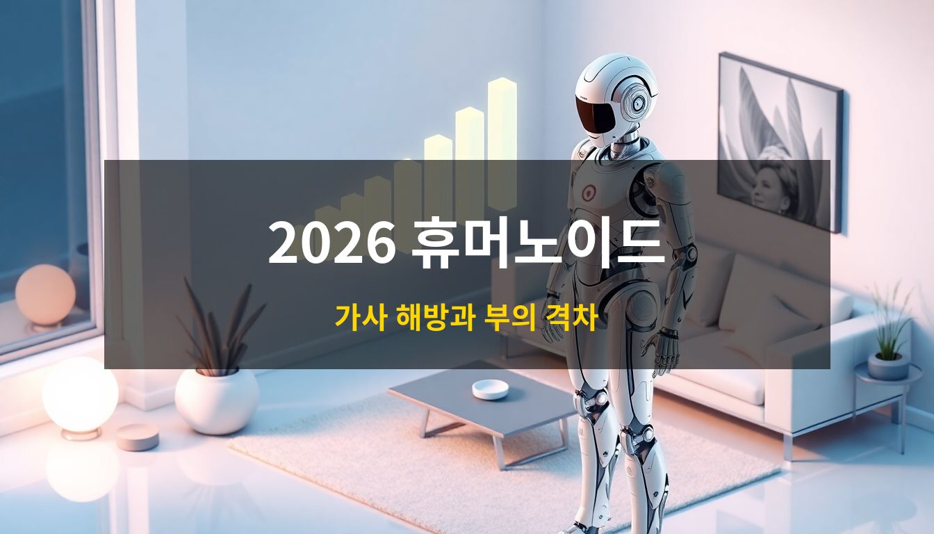 2026 가정용 휴머노이드: 세련된 금속 질감의 로봇이 현대적인 거실에서 가사 업무를 지원하며 부의 성장을 상징하는 홀로그램 그래프와 함께 배치된 고급 3D 아이소메트릭 컨셉 이미지