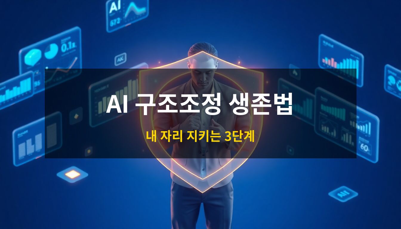 2026 AI 구조조정 방어: 투명한 홀로그램 방패로 자신을 보호하는 직장인과 주변에 떠다니는 AI 분석 데이터를 묘사한 세련된 3D 아이소메트릭 일러스트레이션