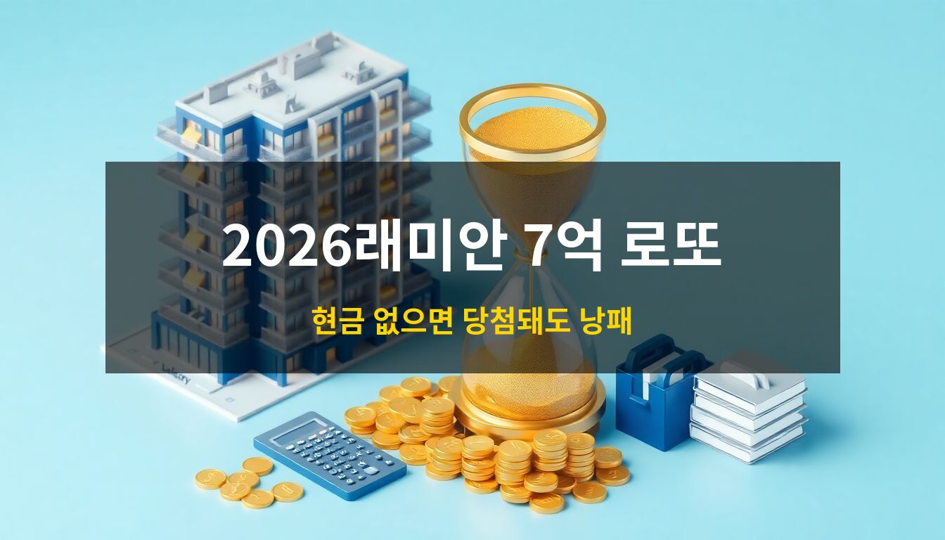 2026래미안라그란데줍줍: 현대적인 프리미엄 아파트 단지와 거대한 모래시계, 황금 동전 더미가 어우러져 막대한 시세 차익의 기회와 촉박한 잔금 납부 기한을 상징적으로 표현한 3D 아이소메트릭 일러스트