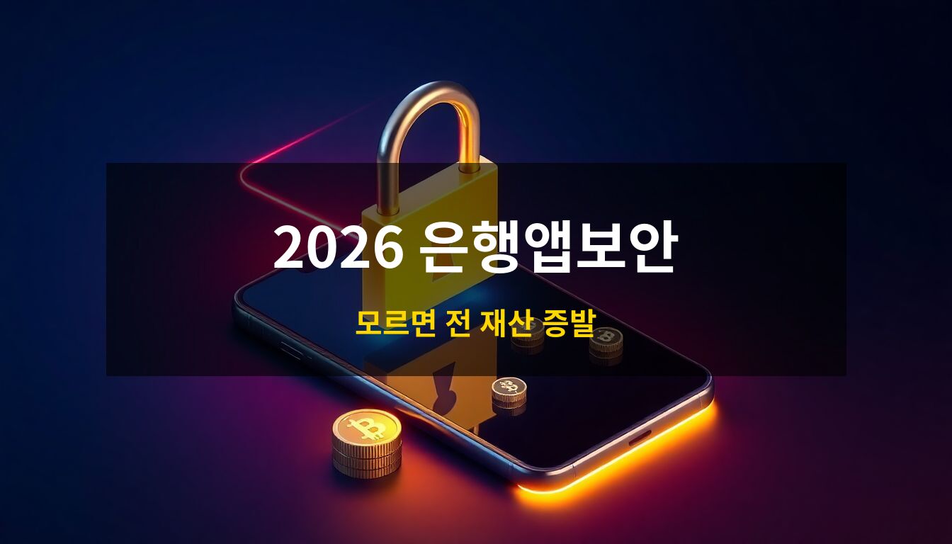 2026 은행앱보안: 스마트폰 화면 위로 떠오른 거대한 황금색 홀로그램 자물쇠와 위협을 차단하는 붉은색 경고 그래프를 형상화하여 금융 자산을 안전하게 보호하는 3단계 방어 체계를 상징한 3D 아이소메트릭 이미지