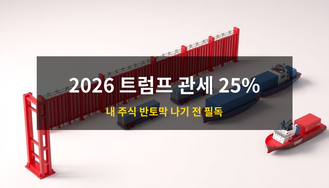 2026 트럼프 관세: 거대한 붉은색 무역 장벽과 철조망이 수출용 자동차와 컨테이너 선박의 길을 가로막고 있는 모습을 형상화한 고퀄리티 3D 아이소메트릭 일러스트