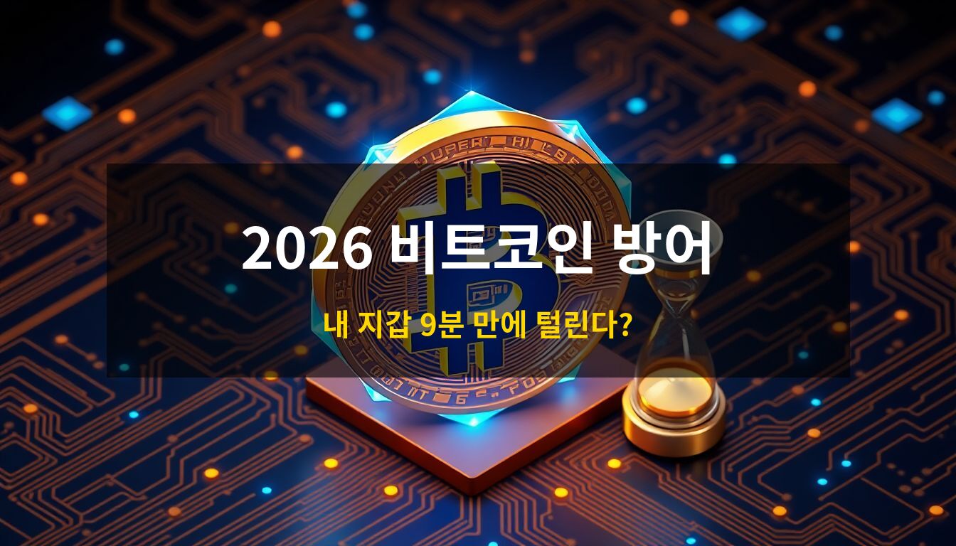 2026 비트코인 양자컴퓨터 방어전략: 강력한 푸른색 육각형 방어막에 둘러싸인 황금 비트코인과 배경의 정밀한 양자컴퓨터 회로가 어우러진 고해상도 3D 보안 컨셉 이미지