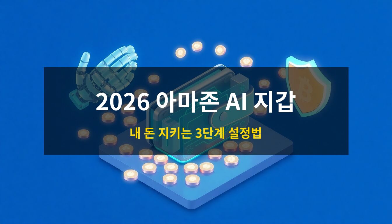 2026 아마존 AI 지갑: 디지털 회로가 빛나는 미래형 지갑과 이를 조작하는 로봇 손, 보안을 상징하는 방패 아이콘이 어우러진 테크니컬 금융 테마의 3D 아이소메트릭 일러스트