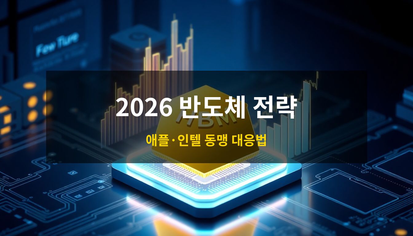 2026 반도체 투자 전략: 황금빛으로 빛나는 최첨단 HBM 반도체 칩과 상승하는 주식 차트가 미래 지향적인 기술 플랫폼 위에 배치된 고급 3D 아이소메트릭 일러스트 이미지