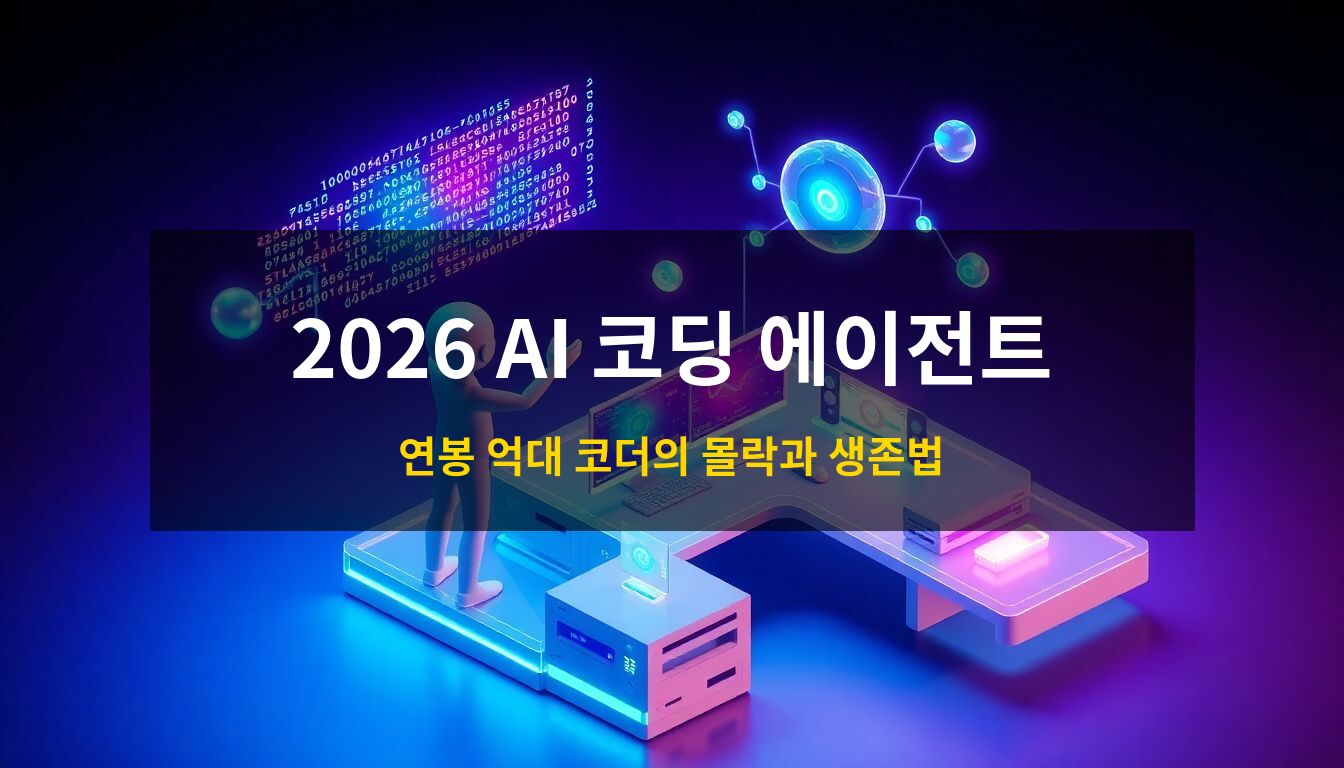 2026 AI 코딩 에이전트: 미래 지향적인 3D 워크스테이션에서 개발자가 홀로그램 코드와 데이터 노드를 지휘하며 인공지능과 협업하는 가상 세계를 묘사한 고급 아이소메트릭 일러스트