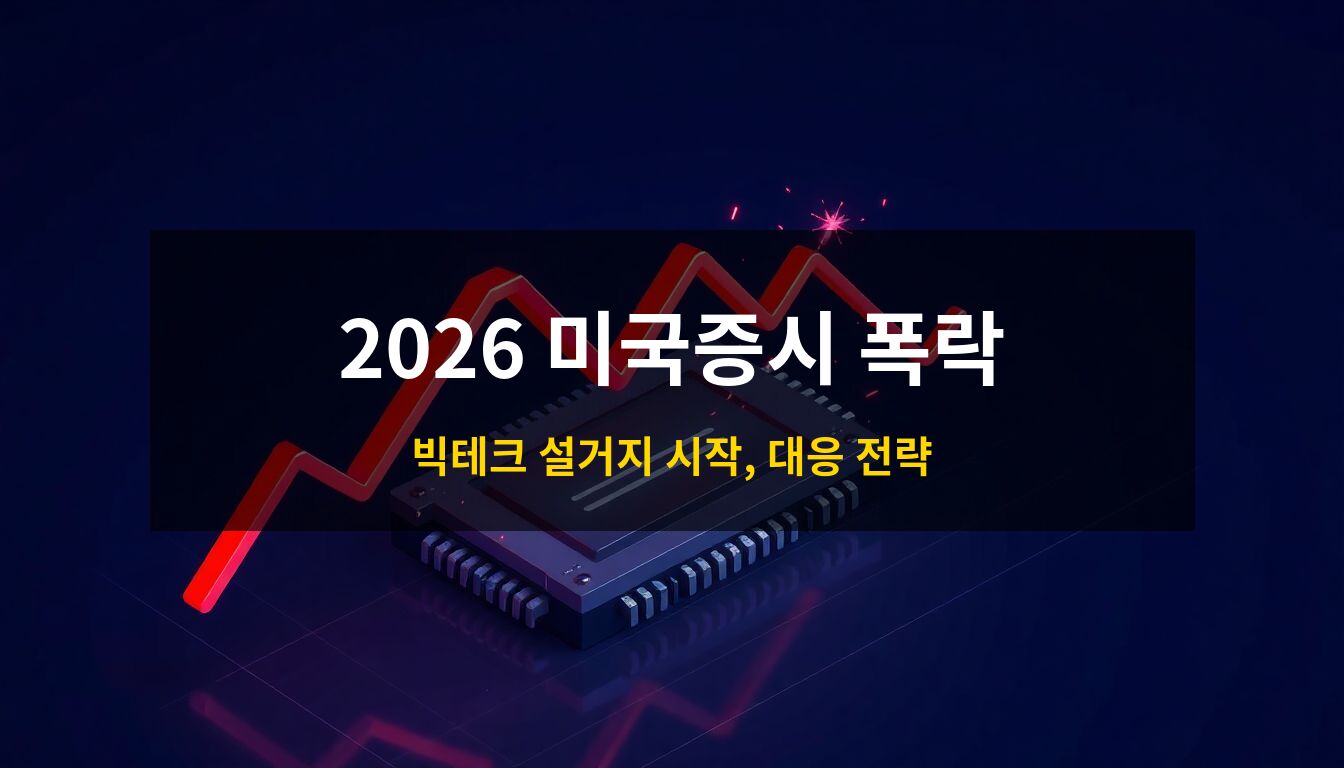 2026 미국증시 하락장: 급락하는 붉은색 주식 그래프 화살표와 과부하로 열기가 발생하는 AI 프로세서 칩을 3D로 형상화하여 AI 버블 붕괴와 경제 위기를 묘사한 이미지