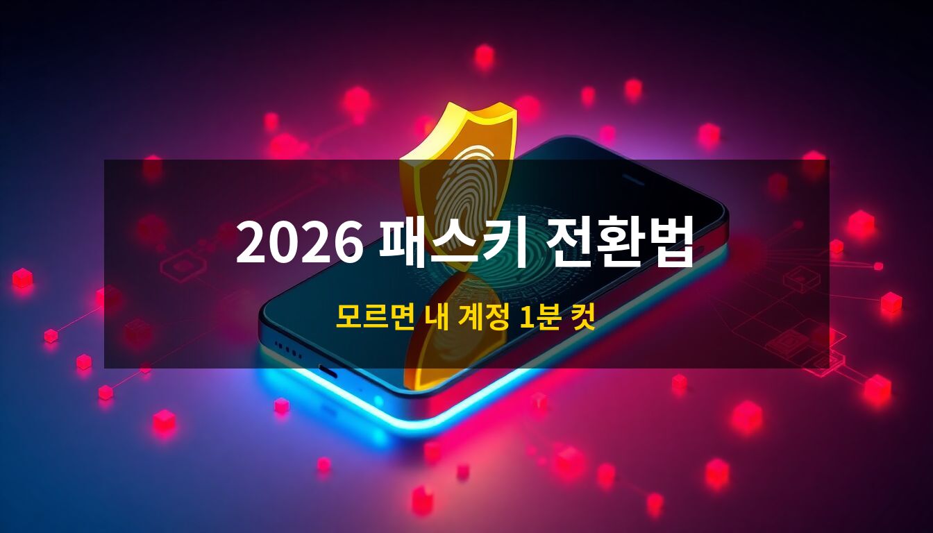 2026 자율해킹 패스키 전환법: 해킹 위협을 상징하는 붉은 디지털 파편들 속에서 황금빛 방패와 지문 인식 기술로 보호받는 스마트폰을 묘사한 고품격 3D 아이소메트릭 보안 컨셉 이미지