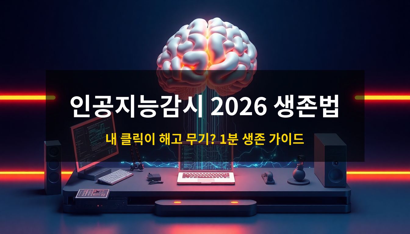 인공지능감시 2026 생존법: 노트북에서 뿜어져 나오는 작업 데이터가 거대한 AI 두뇌로 흡수되는 과정을 시각화하여, 직장 내 데이터 추출과 감시 시스템에 대응하는 생존 전략을 상징하는 3D 아이소메트릭 일러스트