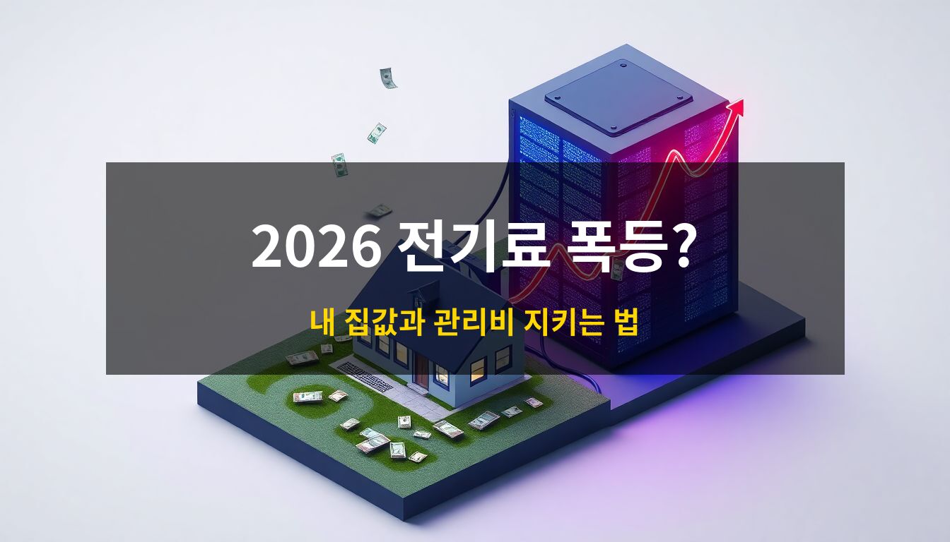 2026 데이터센터 전기요금: 거대한 하이퍼스케일 데이터센터에서 뻗어 나온 전력망이 일반 주택으로 연결되며 지폐가 흩날리는 모습을 통해 에너지 위기와 관리비 상승 리스크를 시각화한 3D 아이소메트릭 일러스트