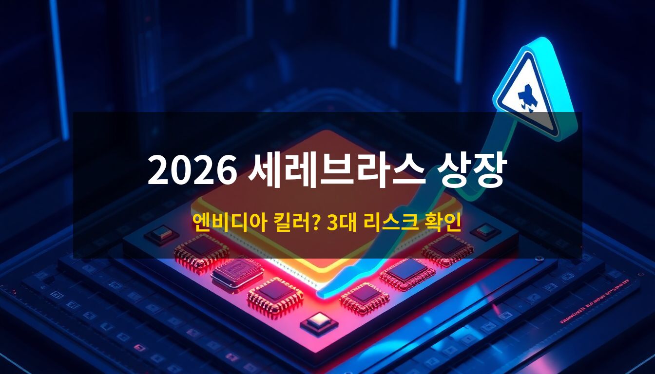 2026 세레브라스 상장: 엔비디아 칩과 대비되는 거대한 WSE-3 웨이퍼와 급상승하는 그래프, 투자 리스크를 상징하는 경고 오브제가 배치된 프리미엄 3D 아이소메트릭 일러스트