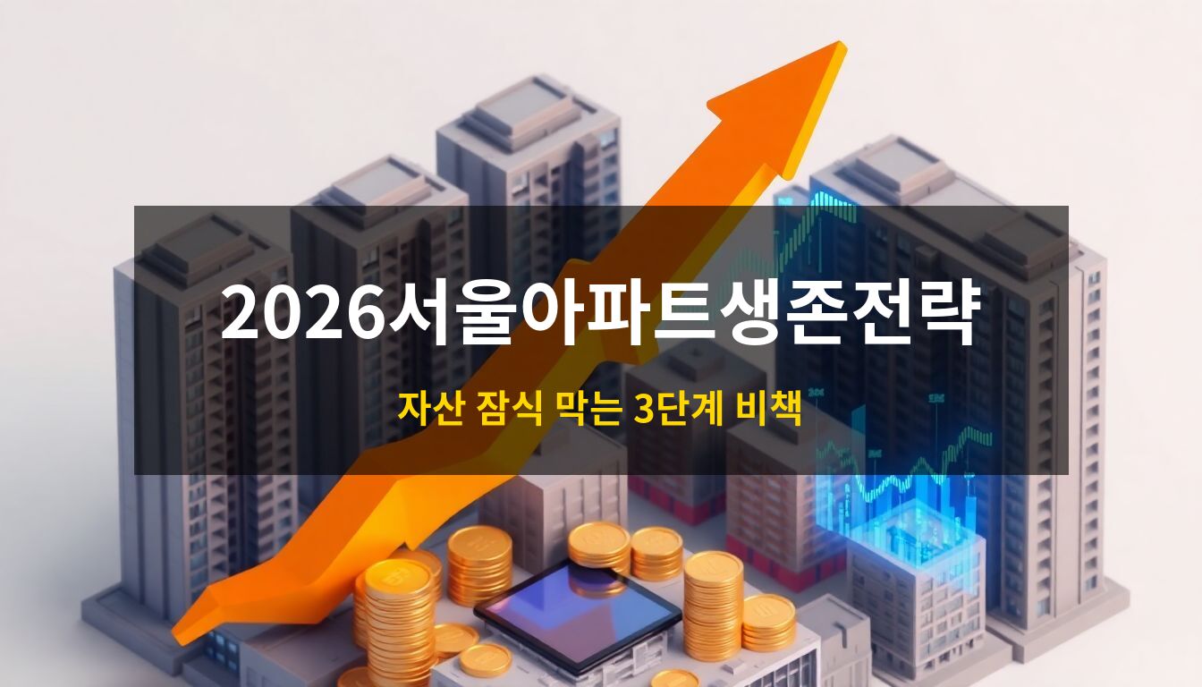 2026서울아파트생존전략: 고층 아파트 단지와 급격히 상승하는 오렌지색 화살표, 자산 가치를 상징하는 동전 더미가 어우러져 주거 비용 상승에 대한 경각심과 분석적인 분위기를 전달하는 3D 아이소메트릭 일러스트