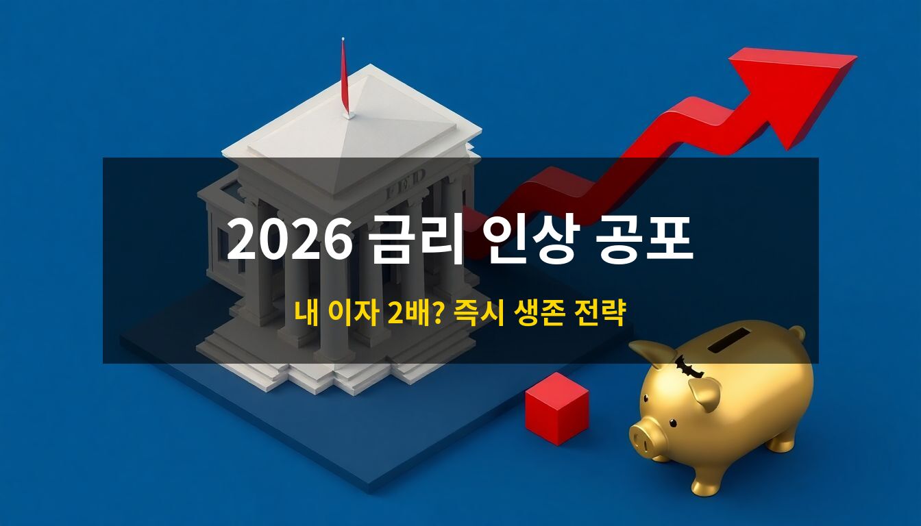2026 연준 금리 인상 파급력: 가파르게 치솟는 빨간색 금리 그래프와 균열이 간 황금 돼지 저금통, 그리고 권위 있는 금융 기관 건물을 고급스러운 3D 아이소메트릭 기법으로 표현하여 금리 인상의 경제적 충격을 시각화한 이미지