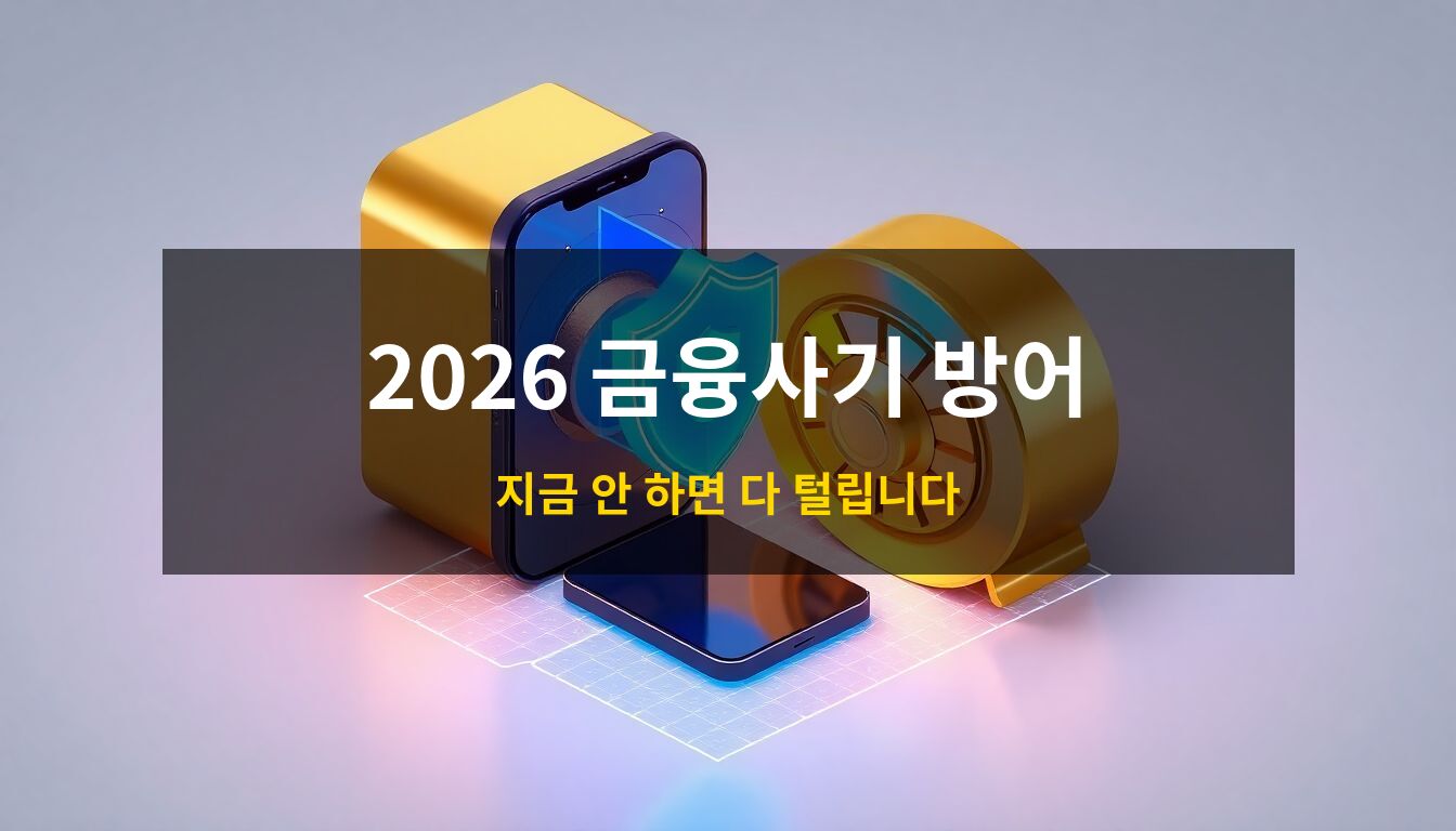 2026인공지능금융사기방어: 스마트폰을 감싸는 푸른색 홀로그램 방패와 황금빛 금고를 통해 인공지능 금융 사기로부터 소중한 자산을 완벽하게 보호하는 보안 시스템을 형상화한 3D 일러스트