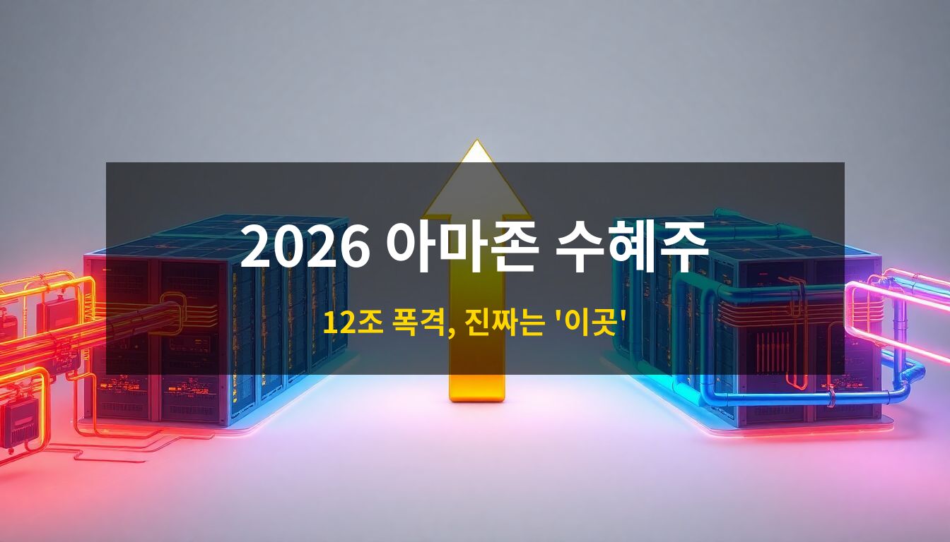 2026 아마존 한국투자 수혜주: 대규모 데이터센터를 중심으로 전력 인프라를 상징하는 주황색 에너지 라인과 냉각 시스템을 상징하는 파란색 흐름이 교차하며 급성장하는 상승 곡선을 시각화한 고급 3D 아이소메트릭 일러스트