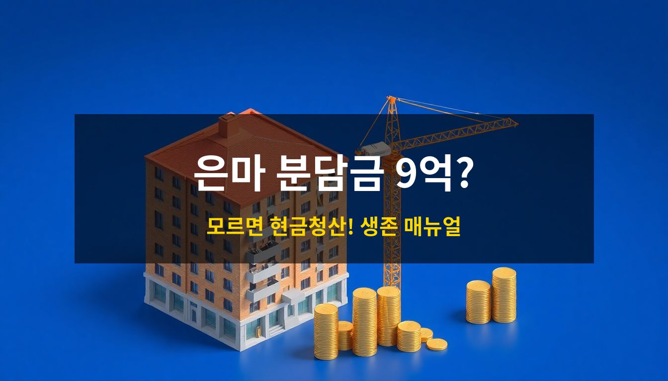 2026 은마아파트 재건축 분담금: 낡은 아파트 단지가 신축 건물로 변하는 과정과 그 앞에 놓인 거대한 주황색 청구서를 통해 재건축 분담금의 현실을 상징적으로 표현한 3D 아이소메트릭 일러스트