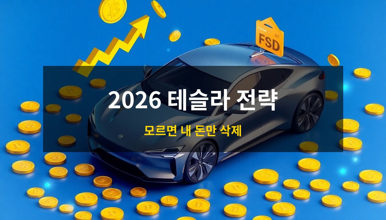 2026 테슬라 자율주행 투자전략: 세련된 미래형 전기차를 중심으로 황금색 동전과 푸른색 데이터 홀로그램이 어우러져 구독 경제와 자율주행 기술의 수익성을 상징하는 고품격 3D 아이소메트릭 일러스트