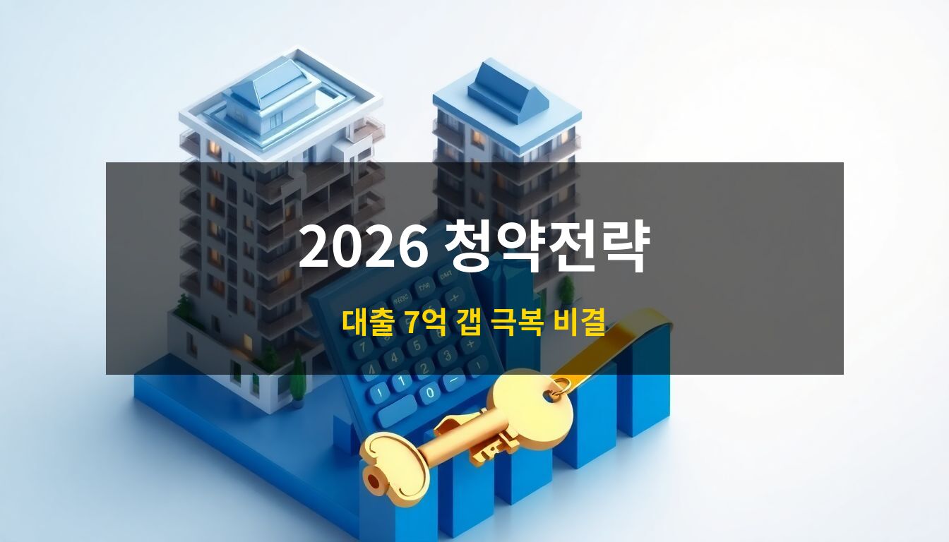 2026 수도권 무주택자 청약전략: 고층 아파트 단지 모형과 상승하는 금빛 그래프, 그리고 황금 열쇠와 계산기가 배치된 3D 아이소메트릭 일러스트로 고액 분양가 시대의 전략적인 청약 분석과 주거 마련의 희망을 상징함.