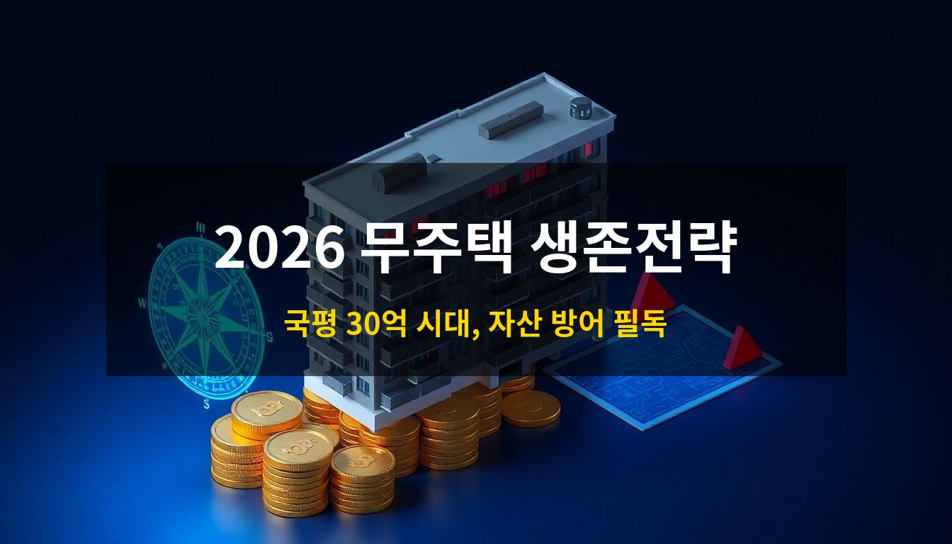 2026 무주택자 생존전략: 고공행진하는 아파트 가격을 상징하는 황금 동전 위 고층 아파트 단지와 위기를 돌파할 방향을 제시하는 푸른색 나침반을 형상화한 고급 3D 아이소메트릭 일러스트