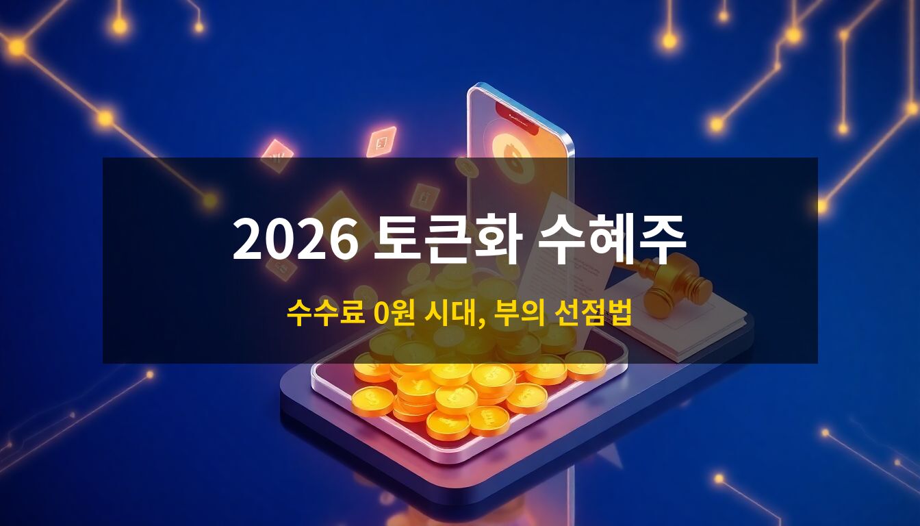 2026 토큰화 주식 수혜주: 투명한 스마트폰 화면에서 쏟아져 나오는 디지털 주식 토큰과 신뢰를 상징하는 금색 법원 망치가 어우러진 미래형 금융 투자 컨셉의 3D 아이소메트릭 일러스트