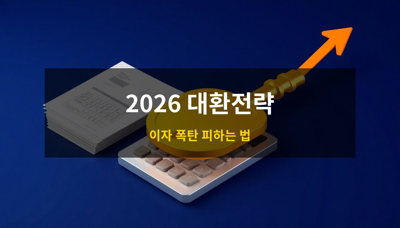 2026 신용대출 대환전략: 금융 서류와 계산기 위에 놓인 금빛 열쇠를 통해 이자 폭탄을 해결하고 경제적 자유를 찾는 전략을 시각화한 고급 3D 아이소메트릭 일러스트