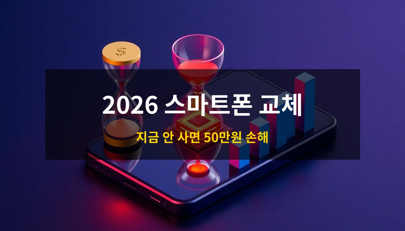 2026 스마트폰 교체시기: 투명한 내부 회로가 보이는 최신 스마트폰과 황금빛 모래시계, 상승하는 그래프가 어우러져 경제적인 기기와 교체 타이밍의 가치를 시각화한 3D 아이소메트릭 일러스트