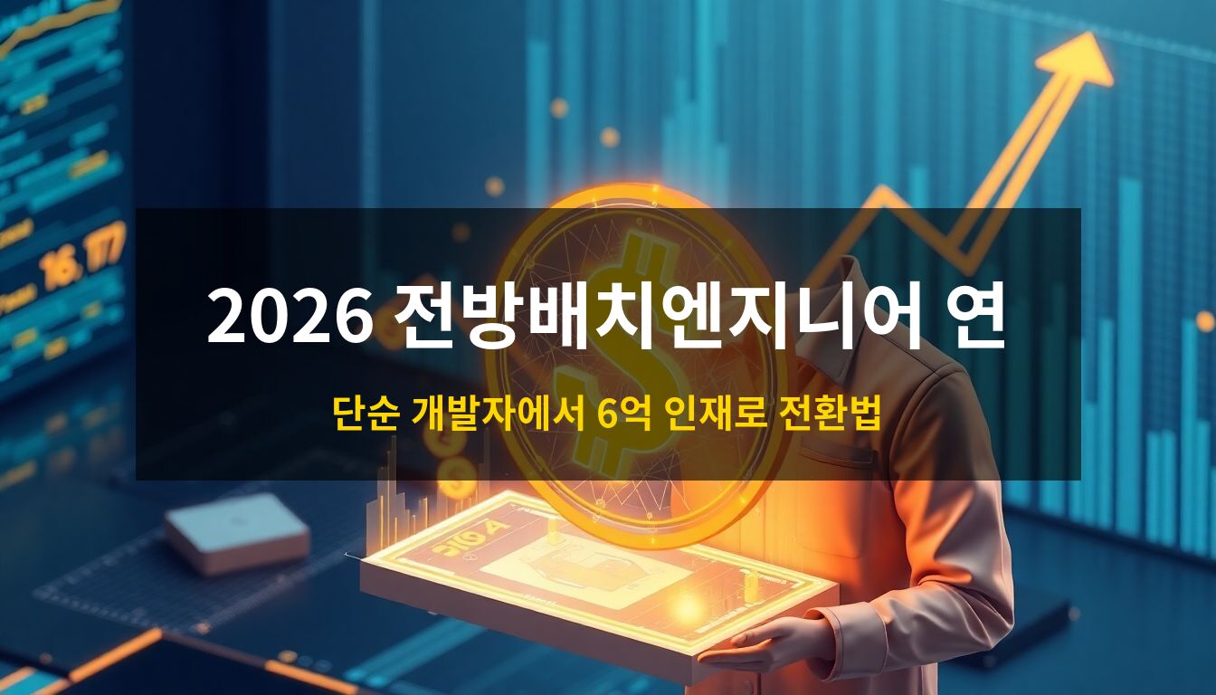 2026 전방배치엔지니어 연봉: 황금빛 달러 기호와 AI 신경망 홀로그램이 융합된 데이터 시각화 자료를 다루는 전문가의 모습을 통해 고액 연봉과 압축 성장의 가치를 표현한 고급 3D 아이소메트릭 일러스트