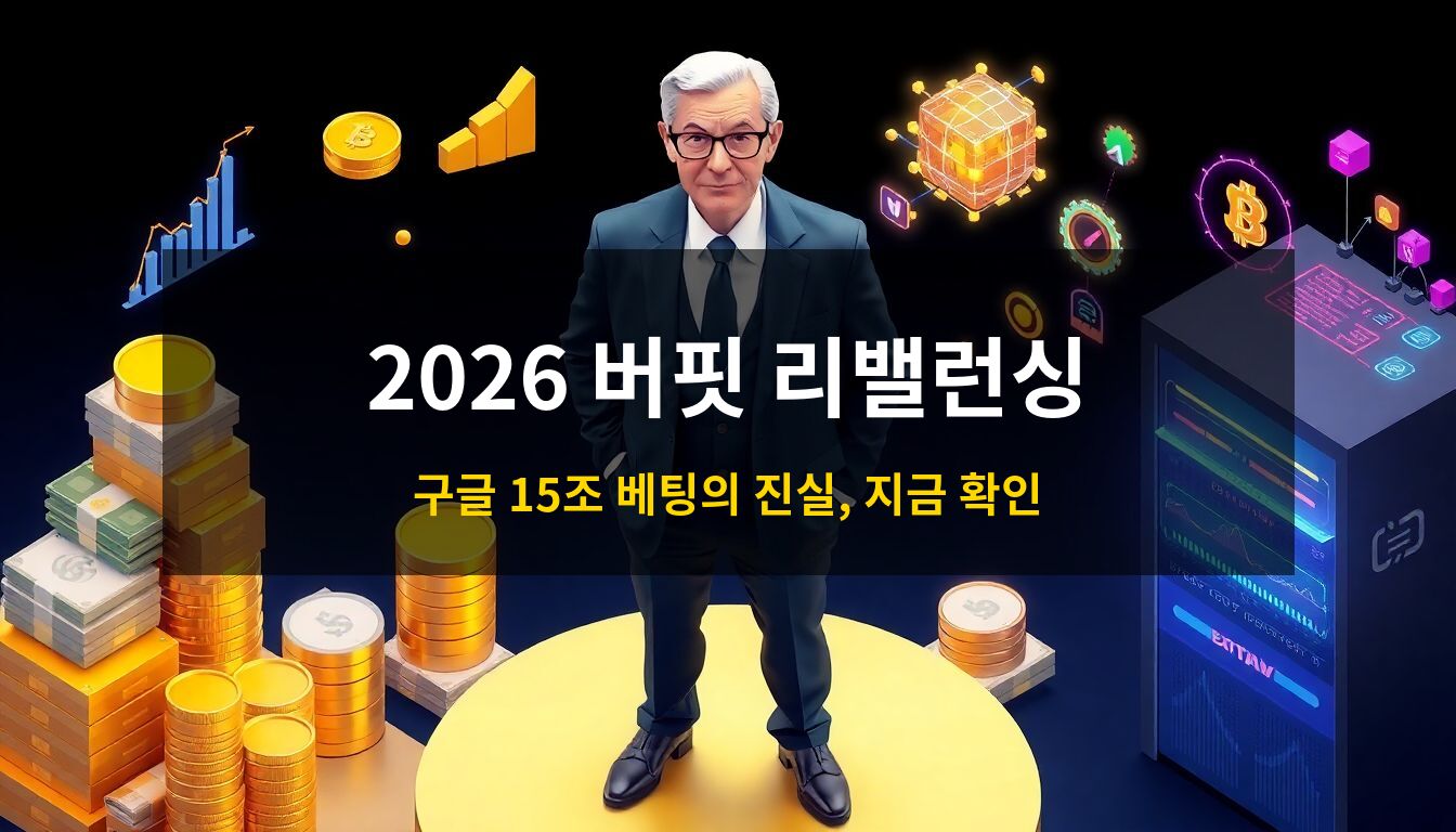 2026 워런버핏 포트폴리오 리밸런싱: 거대한 데이터 센터 서버와 황금 동전 더미 사이에서 자산 재배분과 구글 투자를 분석하는 노련한 투자자의 모습을 형상화한 프리미엄 3D 아이소메트릭 일러스트