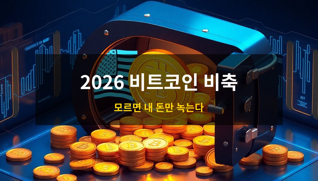 2026 비트코인 전략비축: 미국 정부의 권위 있는 디지털 자산 비축을 상징하는 거대한 미래형 금고와 황금빛 비트코인 오브제가 어우러진 3D 아이소메트릭 일러스트