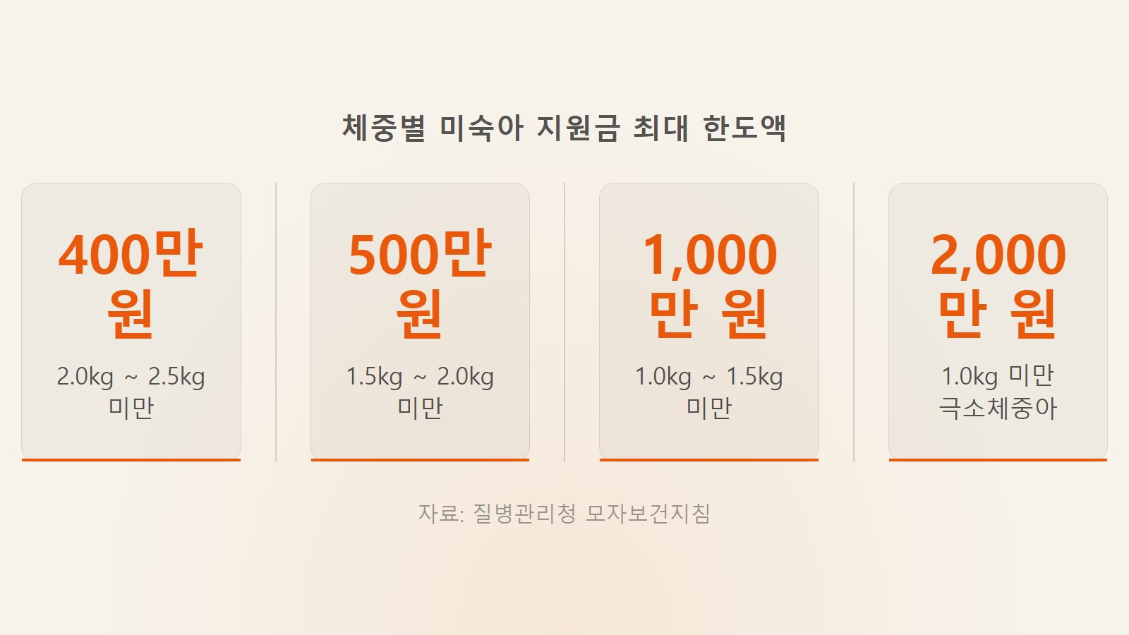 미숙아 의료비 지원 소득 상관없이 체중별 지원 한도액 통계 이미지