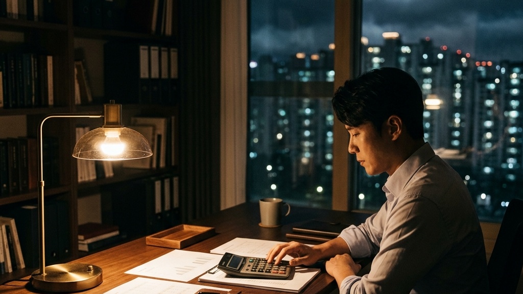 2026 서울 아파트 전망 흔들리는 대출 시장 속에서 금융 문서와 계산기가 놓인 어두운 서재의 모습