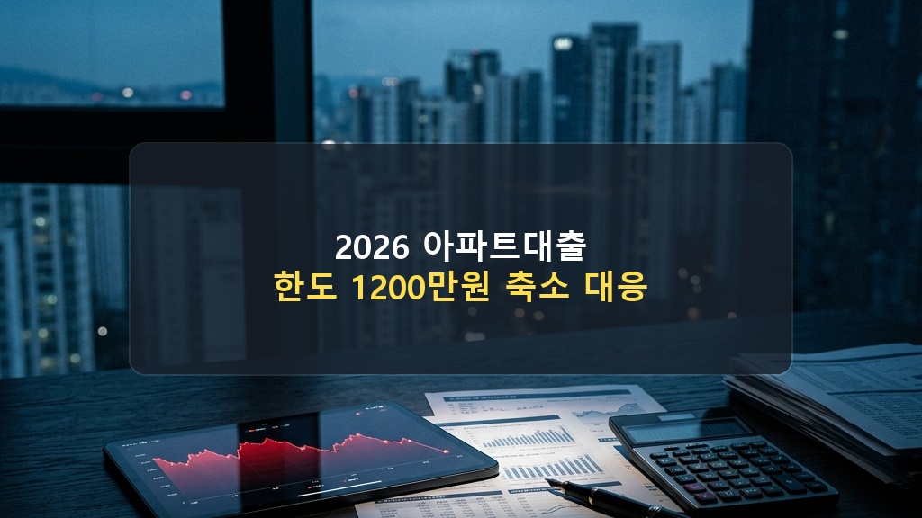 2026 서울 아파트 전망: 차가운 새벽빛 속 서울 아파트 단지 배경과 대출 규제 관련 서류, 리스크를 상징하는 붉은 연체율 그래프가 띄워진 태블릿이 놓인 긴장감 감도는 금융 의사결정 데스크 전경