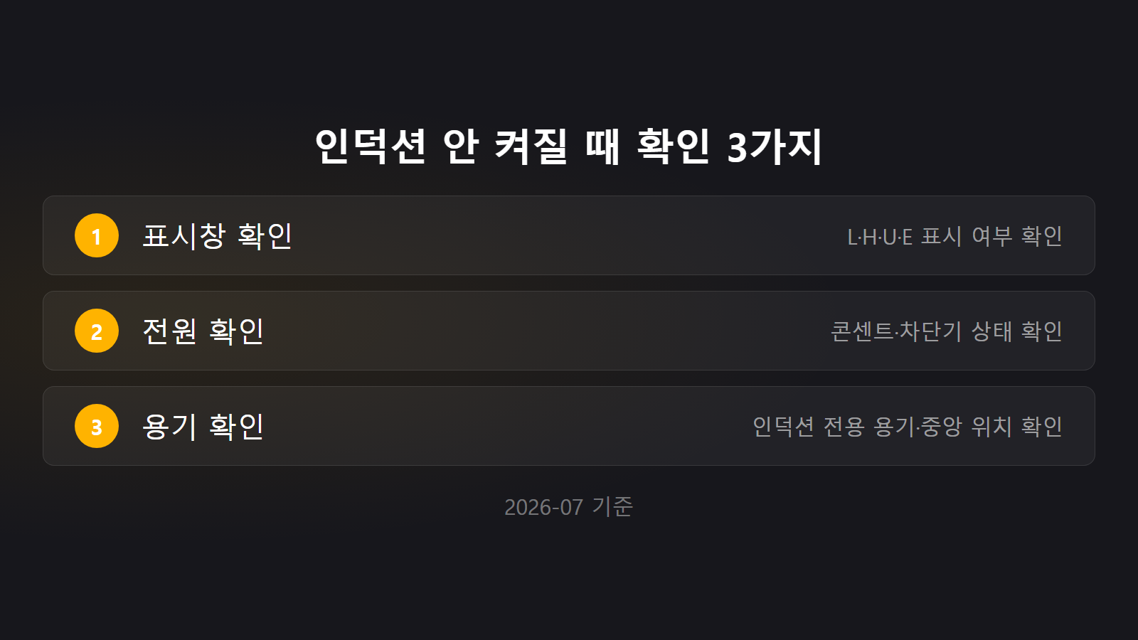인덕션 갑자기 안 켜지는 이유 표시창 전원 용기 확인 체크리스트 이미지