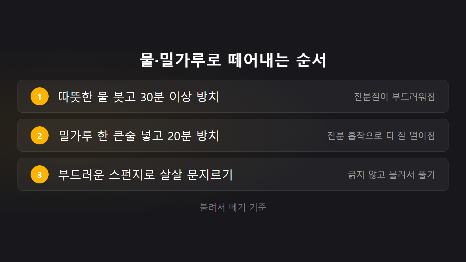 전기밥솥 밥알 눌어붙음 물 밀가루 30분 불림 떼는 순서 체크리스트 이미지