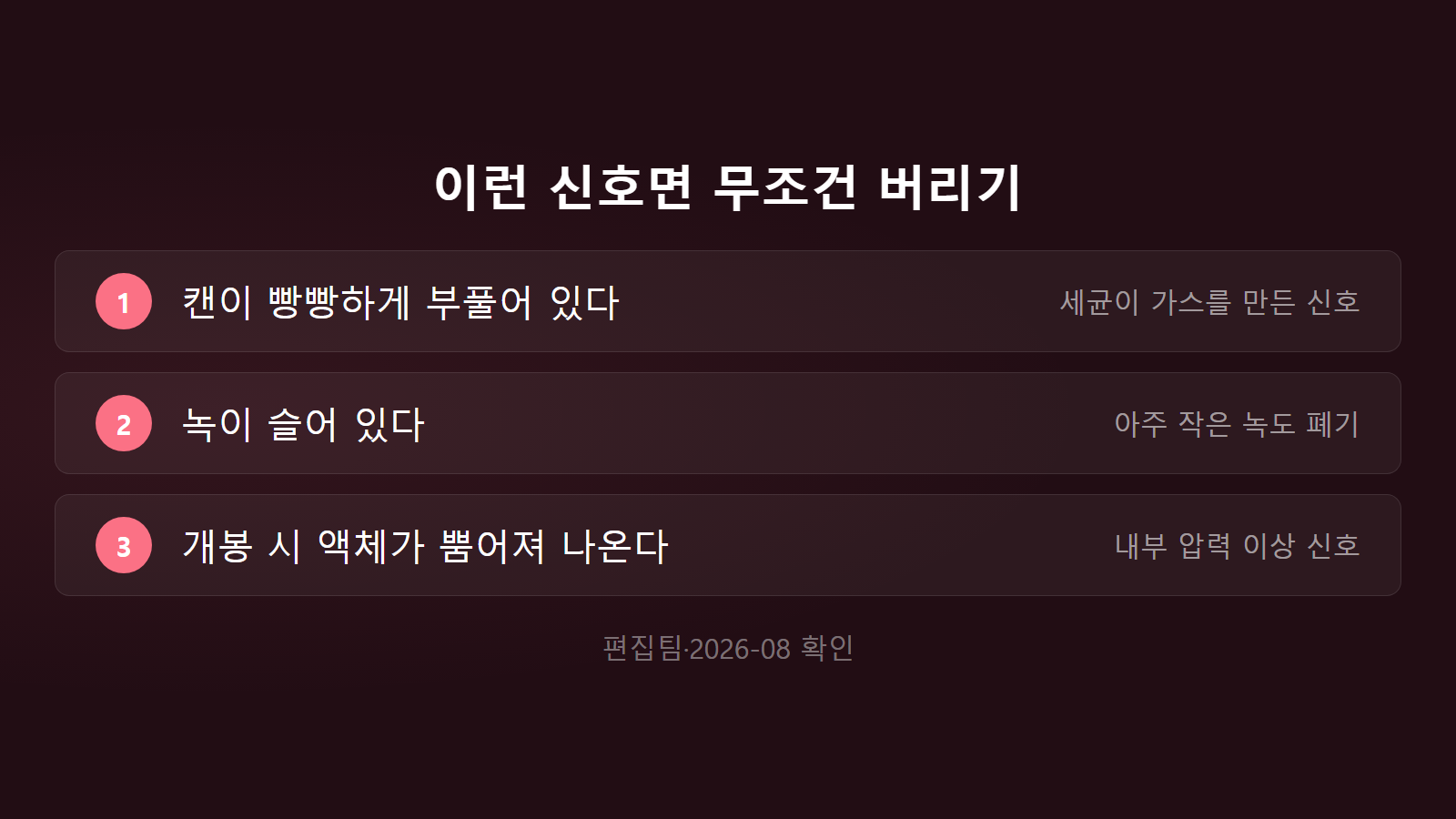 통조림 개봉 후 보관 부풀음 녹 액체 분출 폐기 체크리스트 이미지