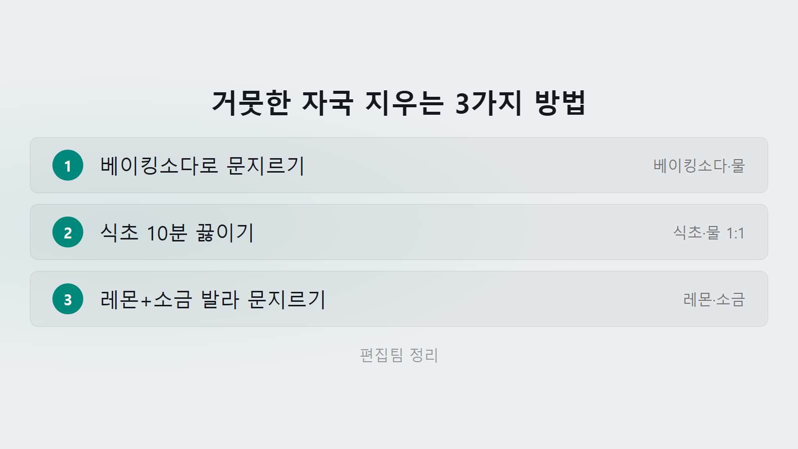 알루미늄 냄비 거뭇하게 변색됐을 때 베이킹소다 식초 레몬소금 체크리스트 이미지