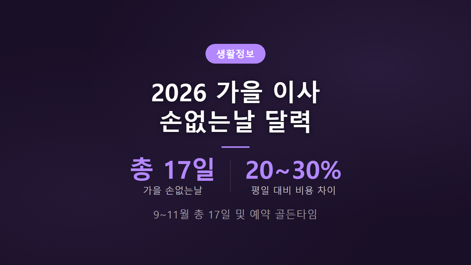 가을 이사 손없는날 2026년 9월 10월 11월 총 17일 달력 일정 안내 이미지