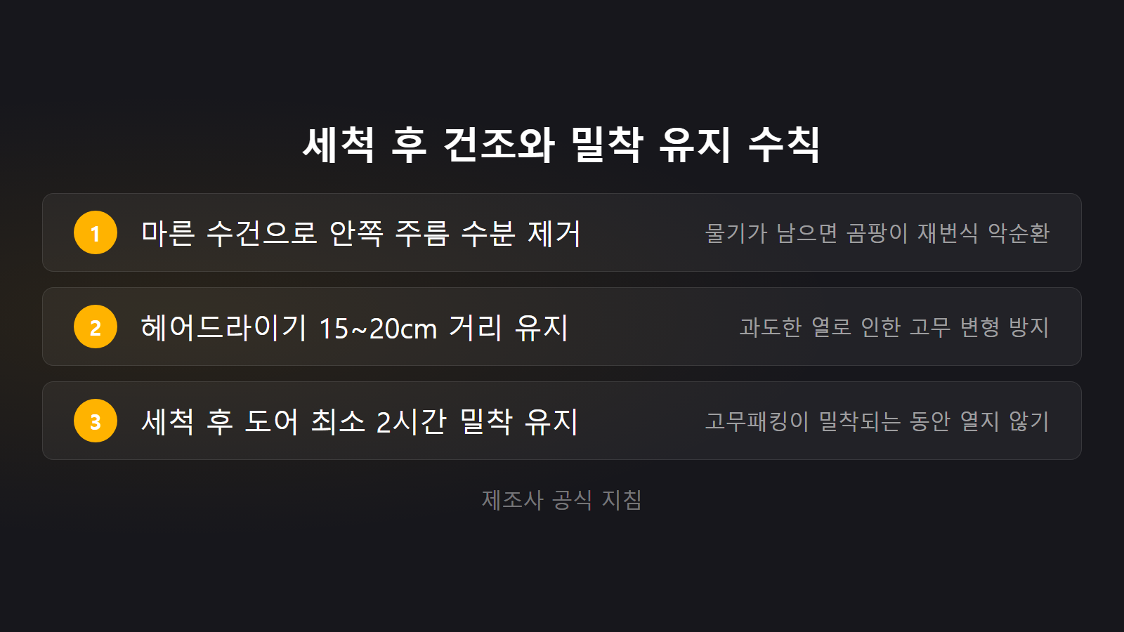 냉장고 고무패킹 곰팡이 세척 후 2시간 밀착 및 건조 수칙 체크리스트 이미지