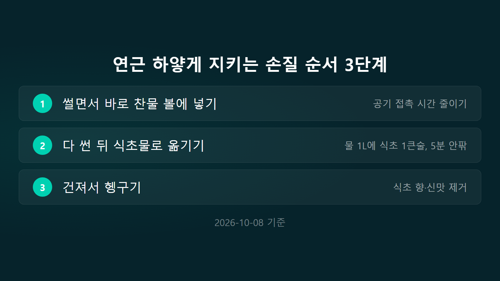 연근 갈변 막는 법 식초물 5분 안팎 손질 순서 3단계 체크리스트 이미지