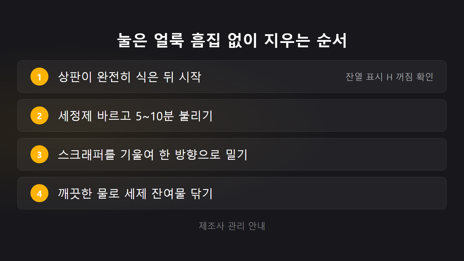 하이라이트 상판 얼룩 5에서10분 불림 후 한 방향 밀기 4단계 체크리스트 이미지